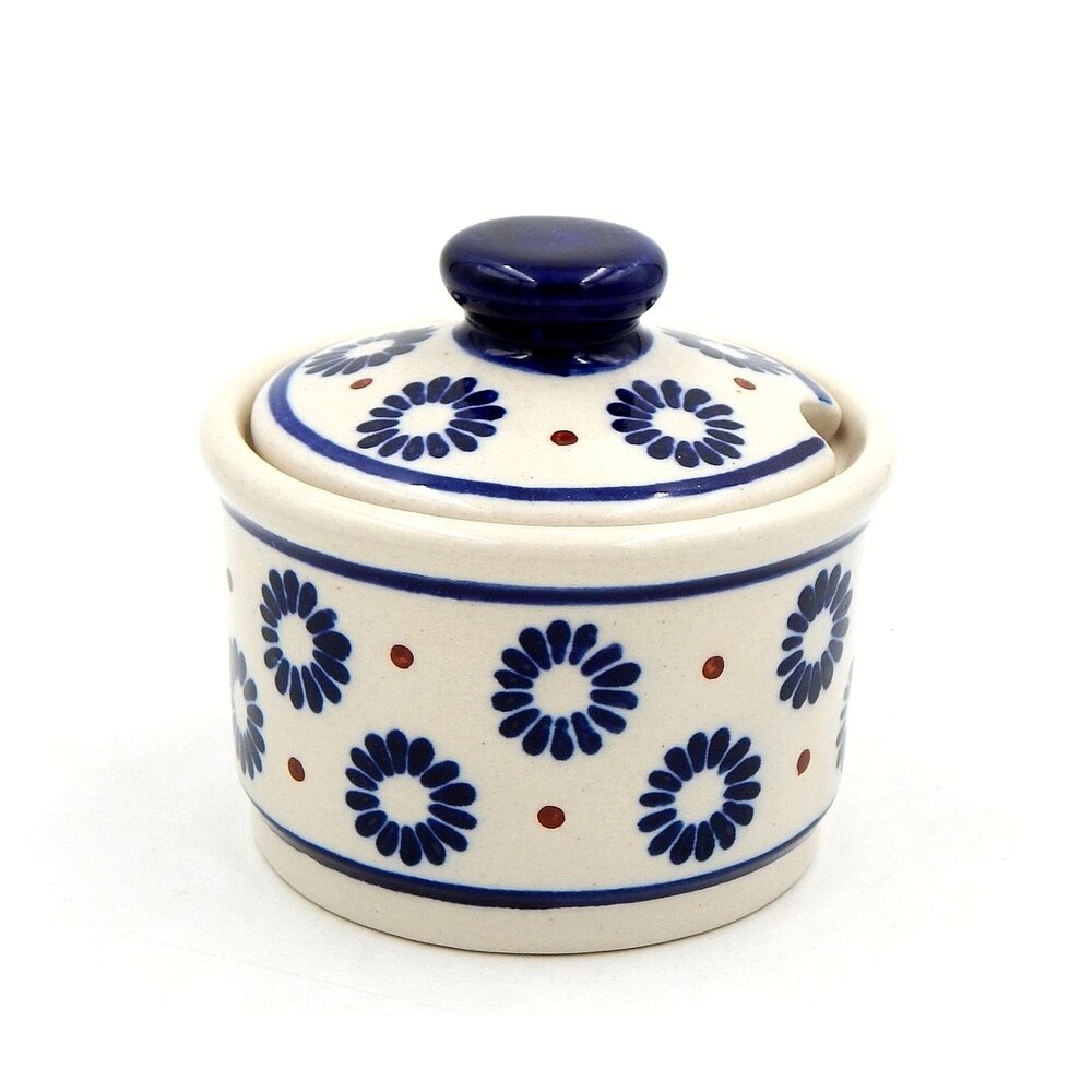 Polish Pottery Aster Blues Lidded Sugar Bowl by Zaklady Boleslawiec Poland